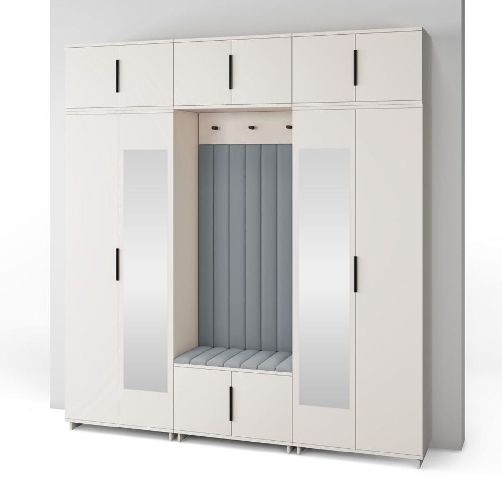 Garderoben-Set Napoli Version 12: Kleiderschrank mit Polsterpaneelen, Schuhschrank und Schrankaufsatz Flur und Eingangsbereich (Cashmere/Trinity 14)