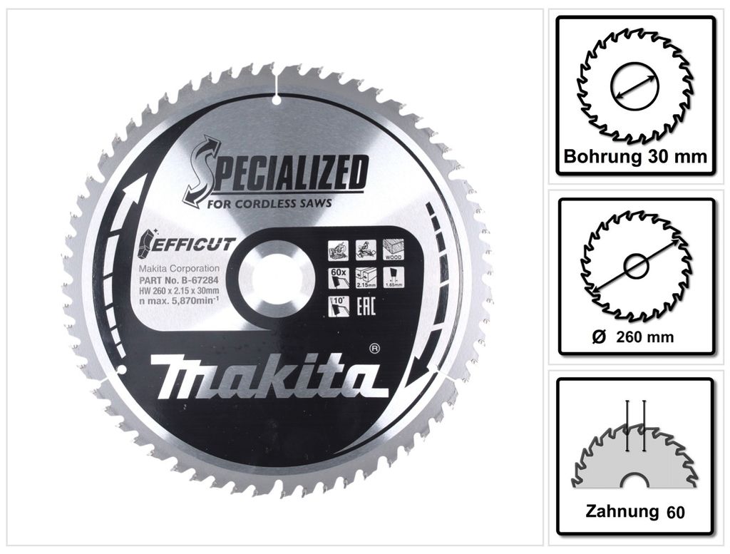 Makita B-67284 Efficut TCT-Kreissägeblatt 260 x 30 mm 60 Zähne 2,15 mm Holz