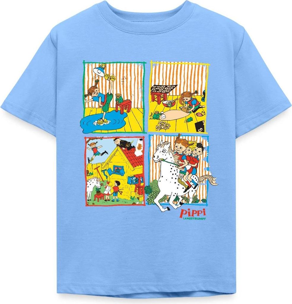 Spreadshirt Pippi Langstrumpf Und Ihre Freunde Kacheln Kinder T-Shirt, 110/116 (5-6 Jahre), Himmelblau