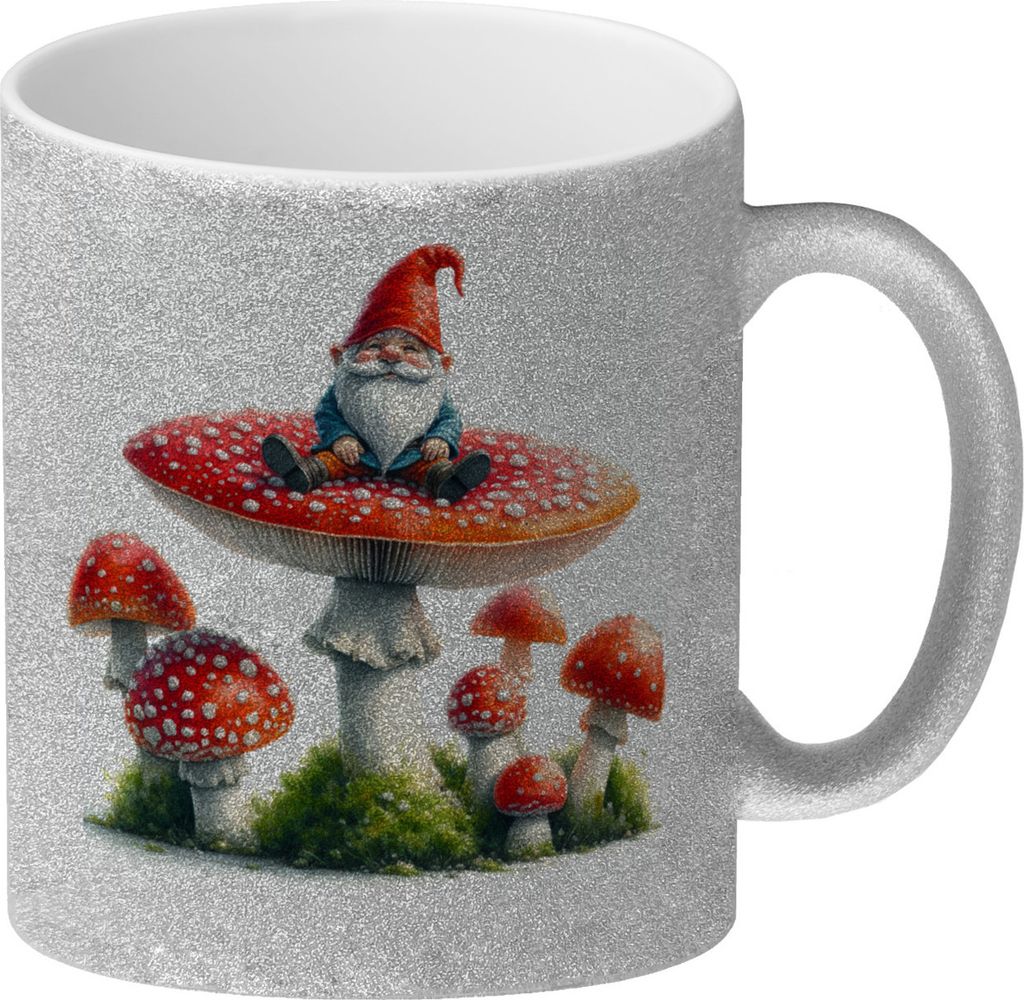 Gartenzwerg auf einem Fliegenpilz Glitzer-Kaffeebecher
