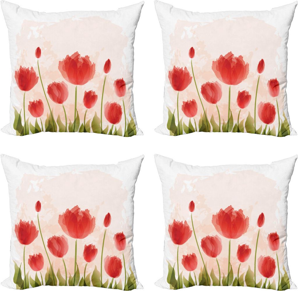 ABAKUHAUS Blumen Kissenbezug Set (4 Stück), Romantische Tulpe-Blüten, Moderner Doppelseitiger Digitaldruck, 45 cm x 45 cm, Vermilion Grüner Pfir...