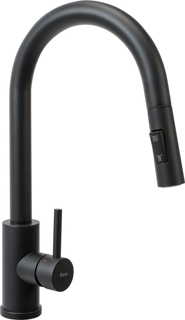 A black kitchen faucet with a pull-down sprayer.