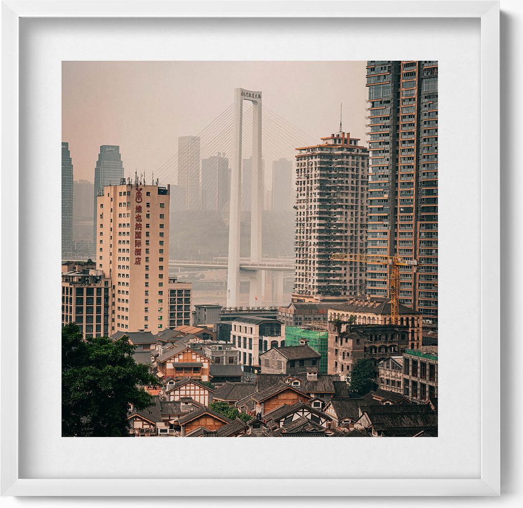 Alte Stadt in Chongqing– Wandbild mit Rahmen – Gerahmtes Bild – Wanddekoration – 50x50 cm – Weiß Rahmen