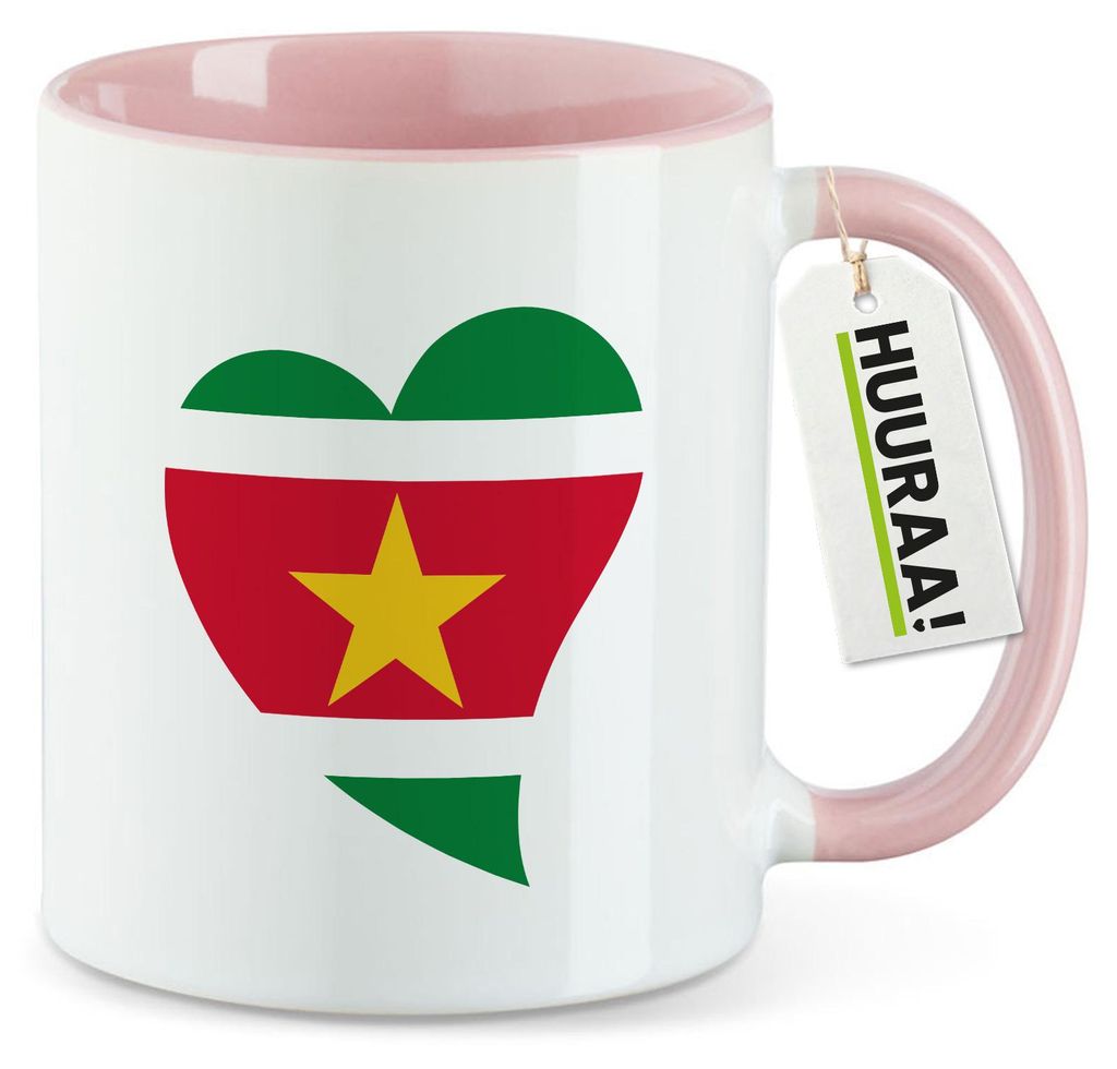 Huuraa Kaffeetasse Surinam Flagge Herz 330ml Rosa Keramik Kaffeebecher Geschenkidee