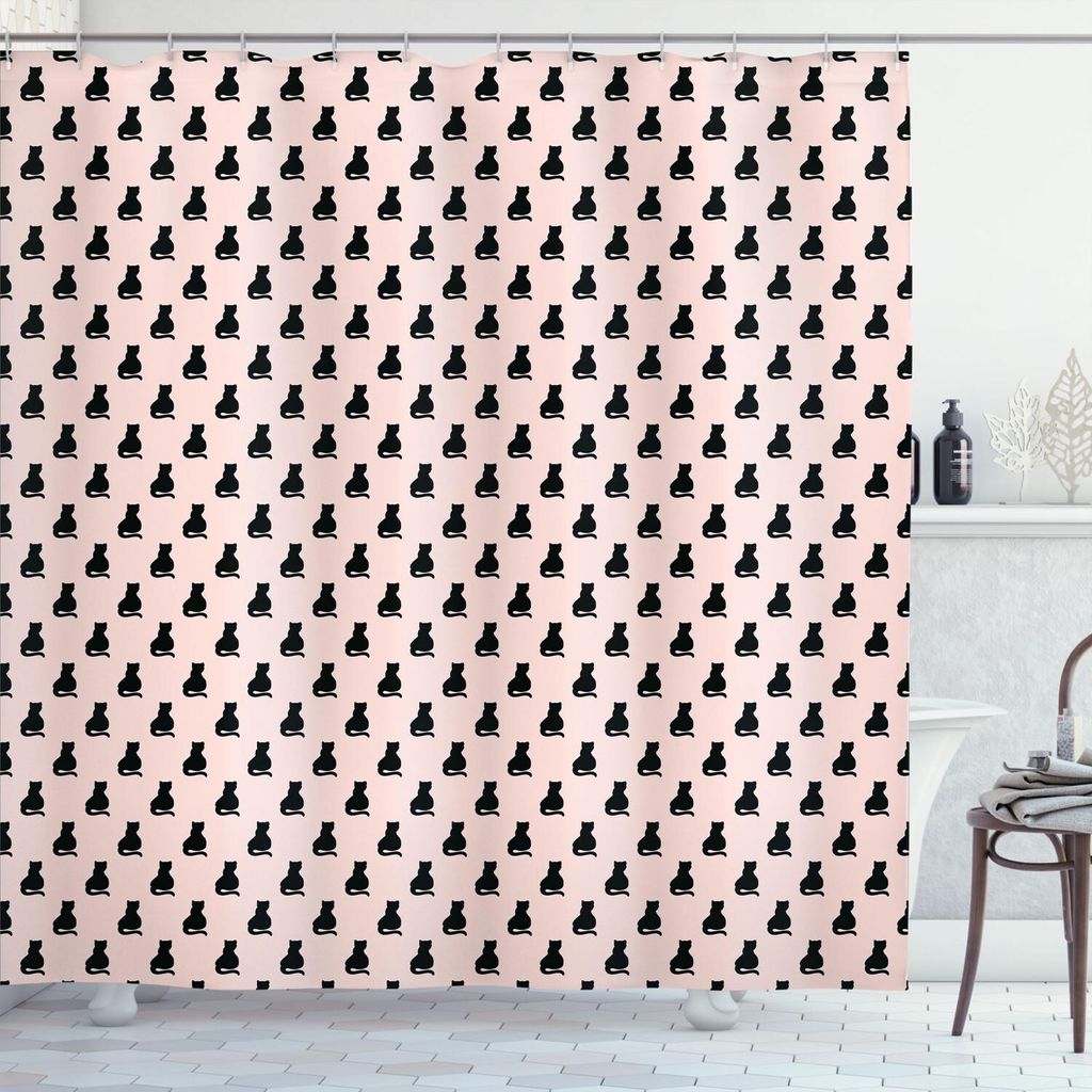 ABAKUHAUS Katze Duschvorhang, Schwarze Katzen-Schattenbilder auf rosa Hintergrund Girlish Hand gezeichneten Kunst-einfachen Motiven, 175 x 240 cm, ...