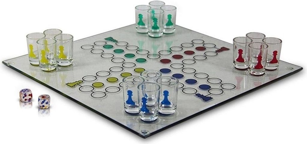 Glas-Trinkspiel Drinking Ludo mit 16 Gläsern + 2 Würfeln