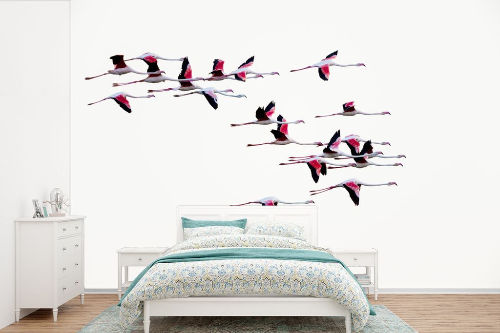 MuchoWow Fototapete für Wohnzimmer oder Schlafzimmer Wandtapete Vinyl Motivtapete Ein Schwarm von Flamingos fliegt durch die Luft - 390x260 cm -...
