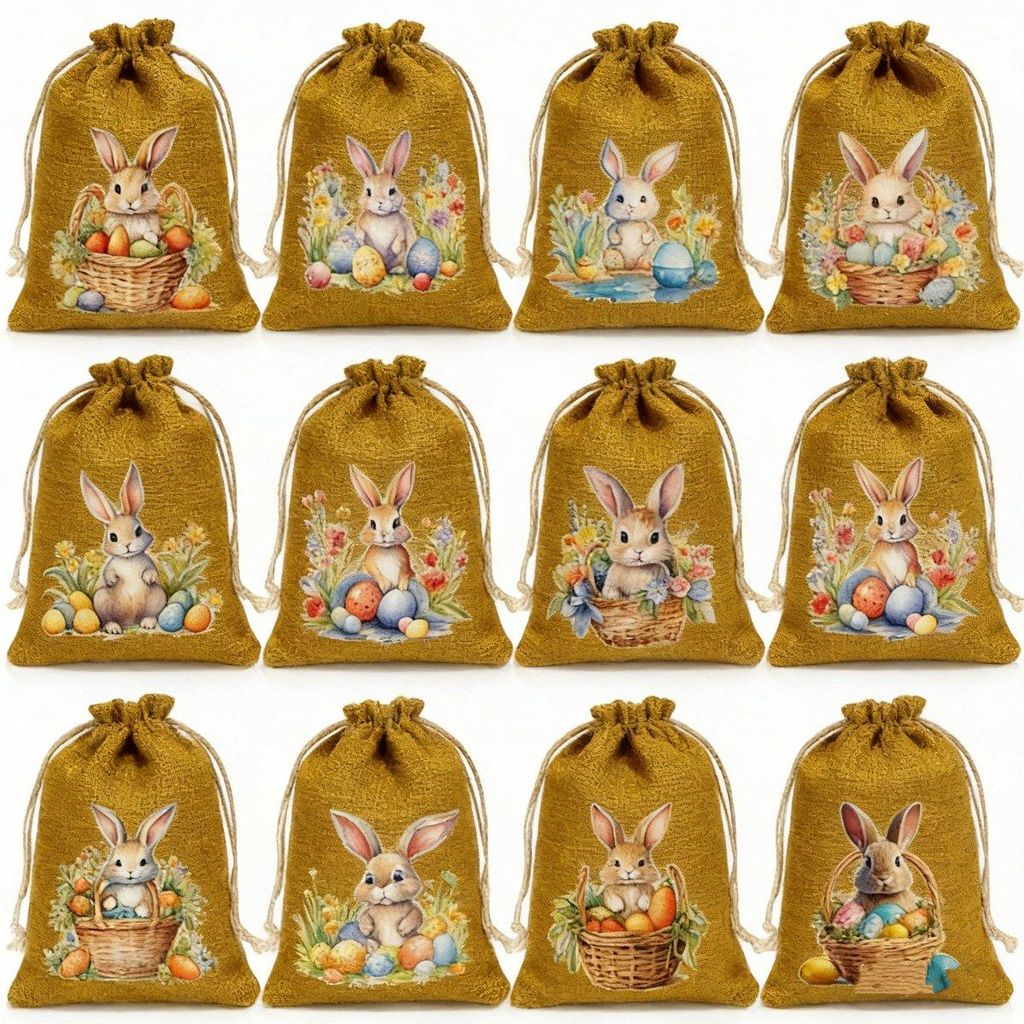 12 Osterbeutel Jute 10x15 cm – Geschenkbeutel mit Kordel Braun