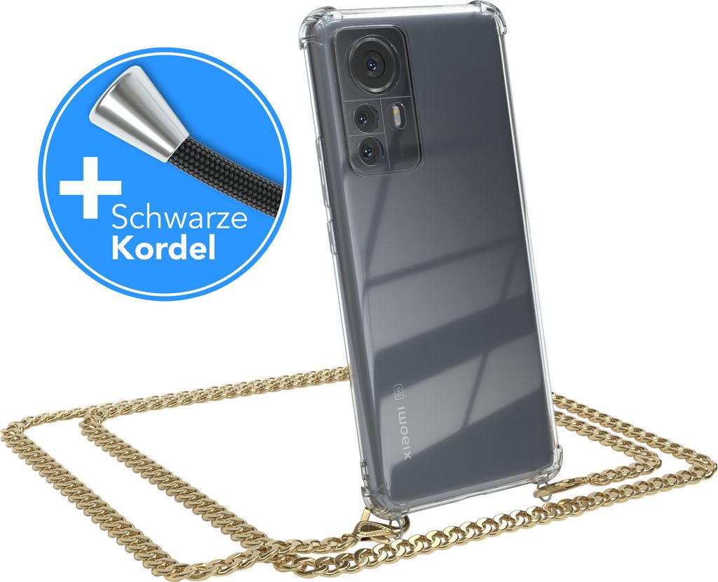 EAZY CASE Metall Handykette für Xiaomi 12 Pro, Handyhülle mit Umhängeband, Silikonhülle, Metallkette für Smartphone in Gold