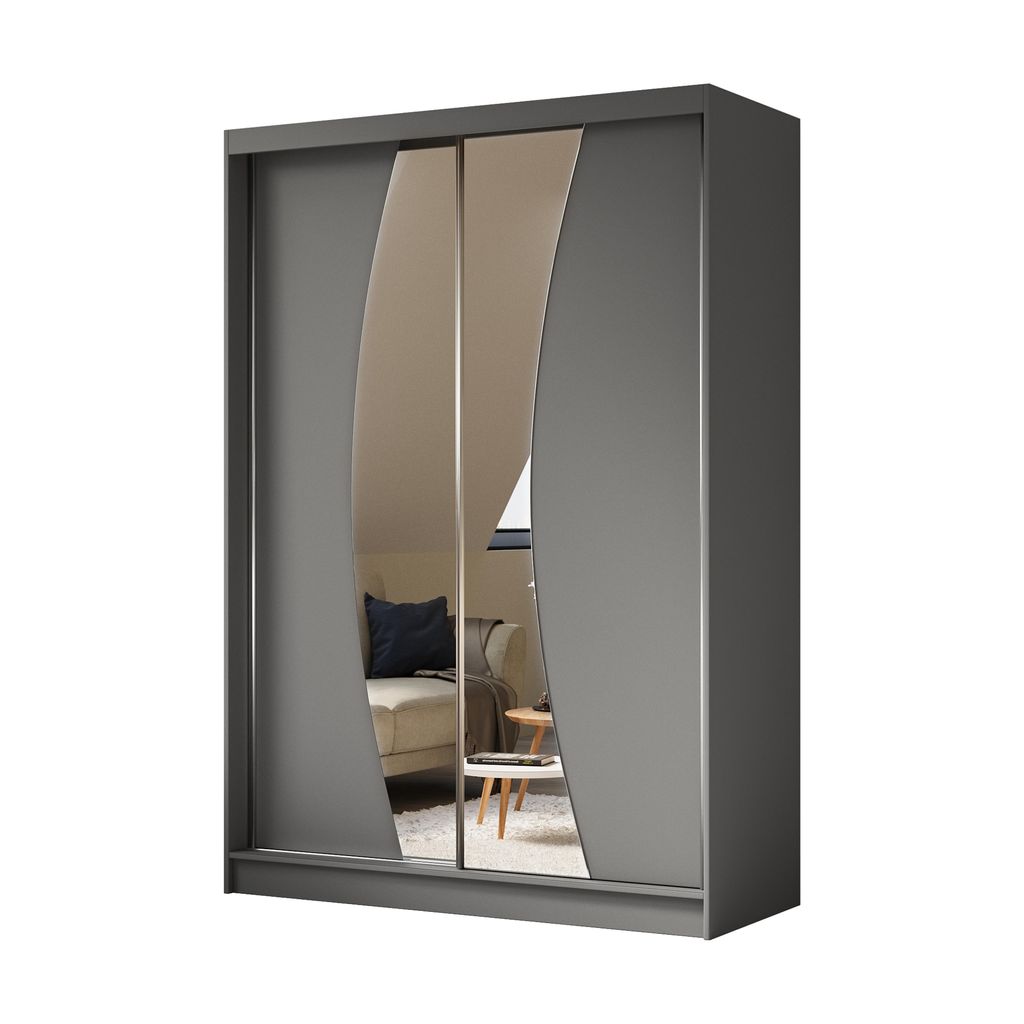 Schwebetürenschrank VOX 160 cm – Kleiderschrank mit 2 Schubkasteneinsätze, Spiegel & Schiebetüren (Graphit)