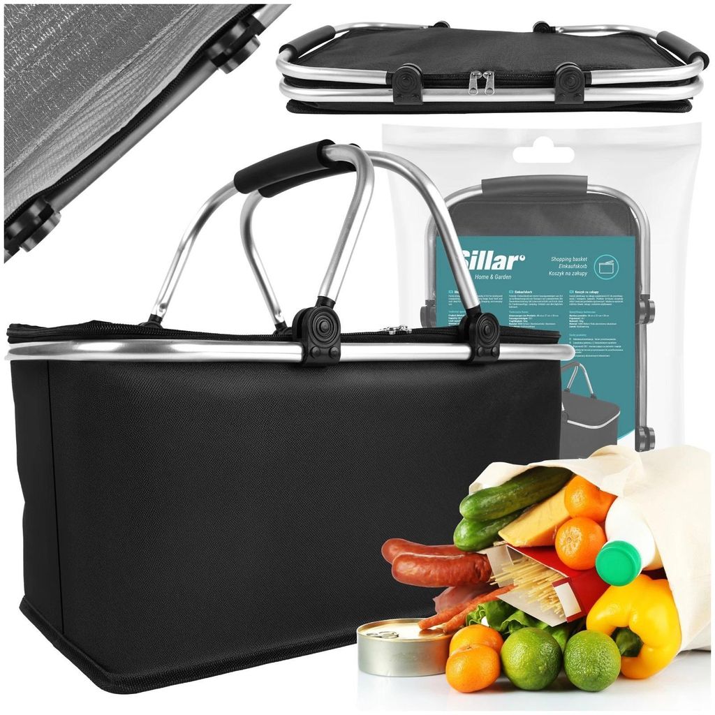 Sillar Thermokorb Einkaufskorb 25 L - Faltbarer klappbox mit Isolierung, Reißverschluss-Deckel & Aluminiumrahmen, wasserabweisend für Einkauf & A...