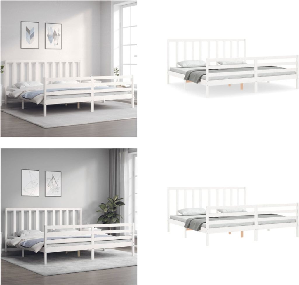 vidaXL Massivholzbett mit Kopfteil Weiß 200x200 cm - Bettrahmen - Bettgestell - Bett - Doppelbett