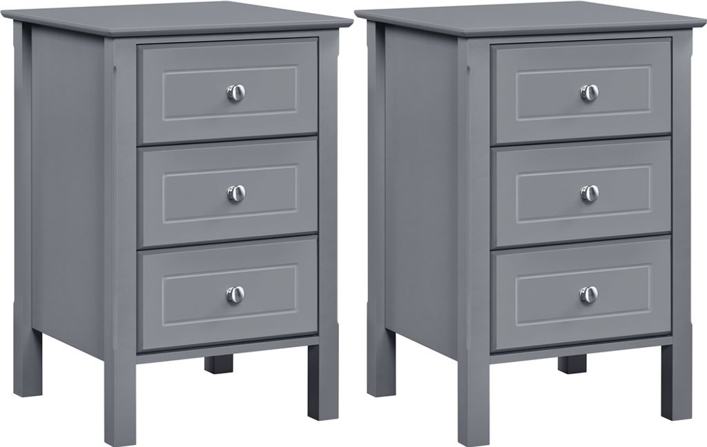 Two identical gray nightstands with three drawers each are shown against a white background.