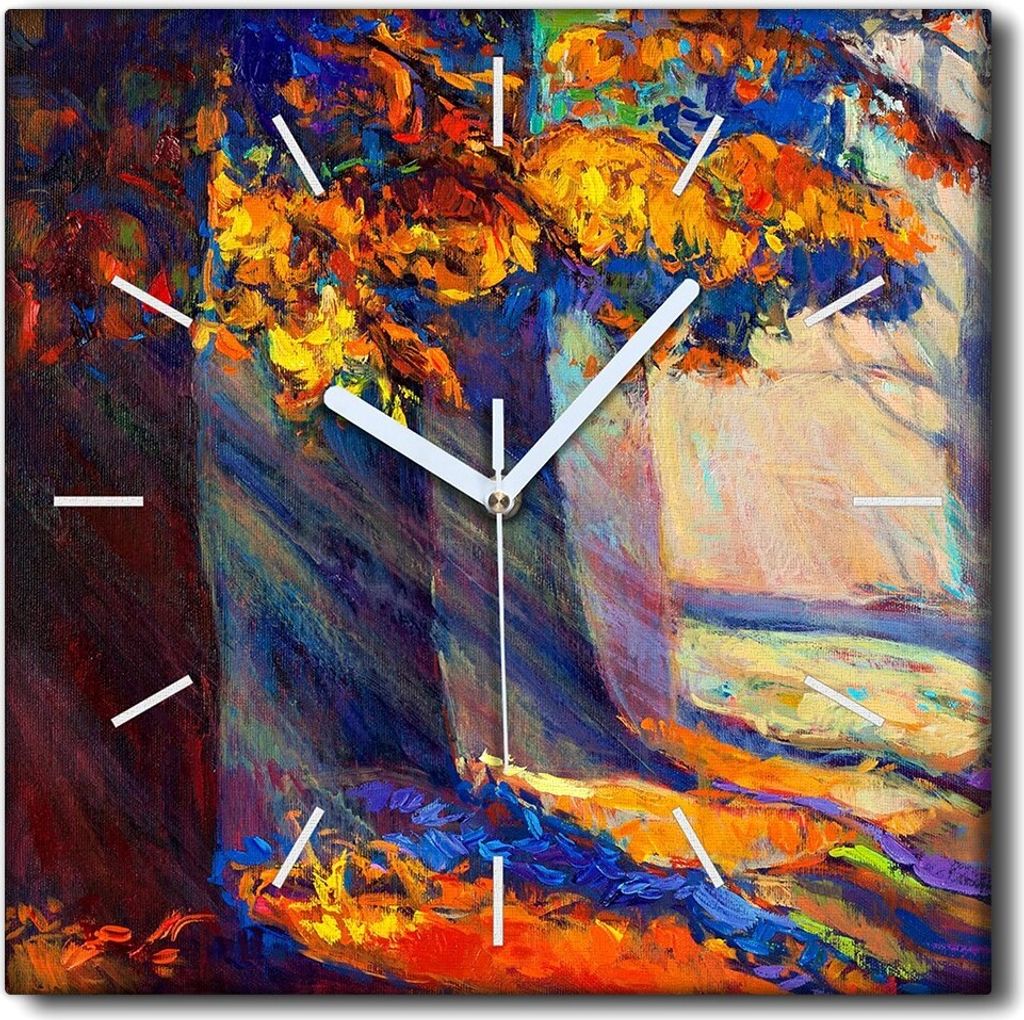 Coloray Uhr auf Leinwand 30x30 cm Wand Uhr Dekoration Wohnzimmer Segeltuch weiße Zeiger -Herbstwaldlandschaft.