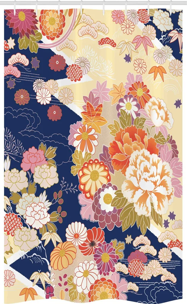 ABAKUHAUS Giappone Tenda da doccia stretta, fiori tradizionali, set decorativo per bagno in tessuto con ganci, 120 x 180 cm, multicolore