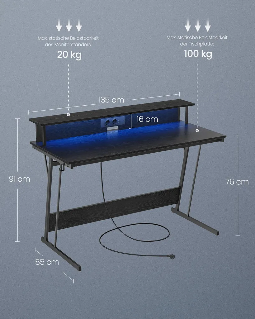 Bureau Rootz Workstation Noir 135 cm avec Support Écran Ergonomique