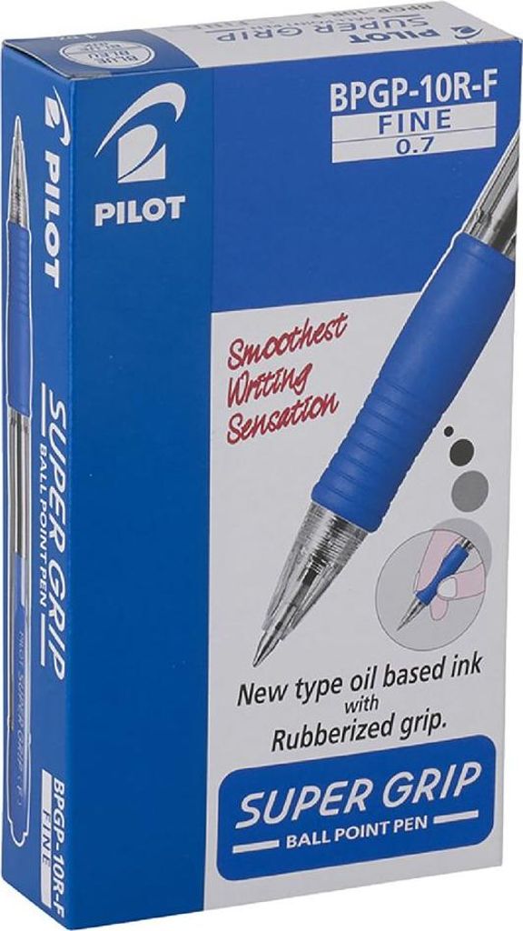 A box of Pilot Super Grip ballpoint pens.