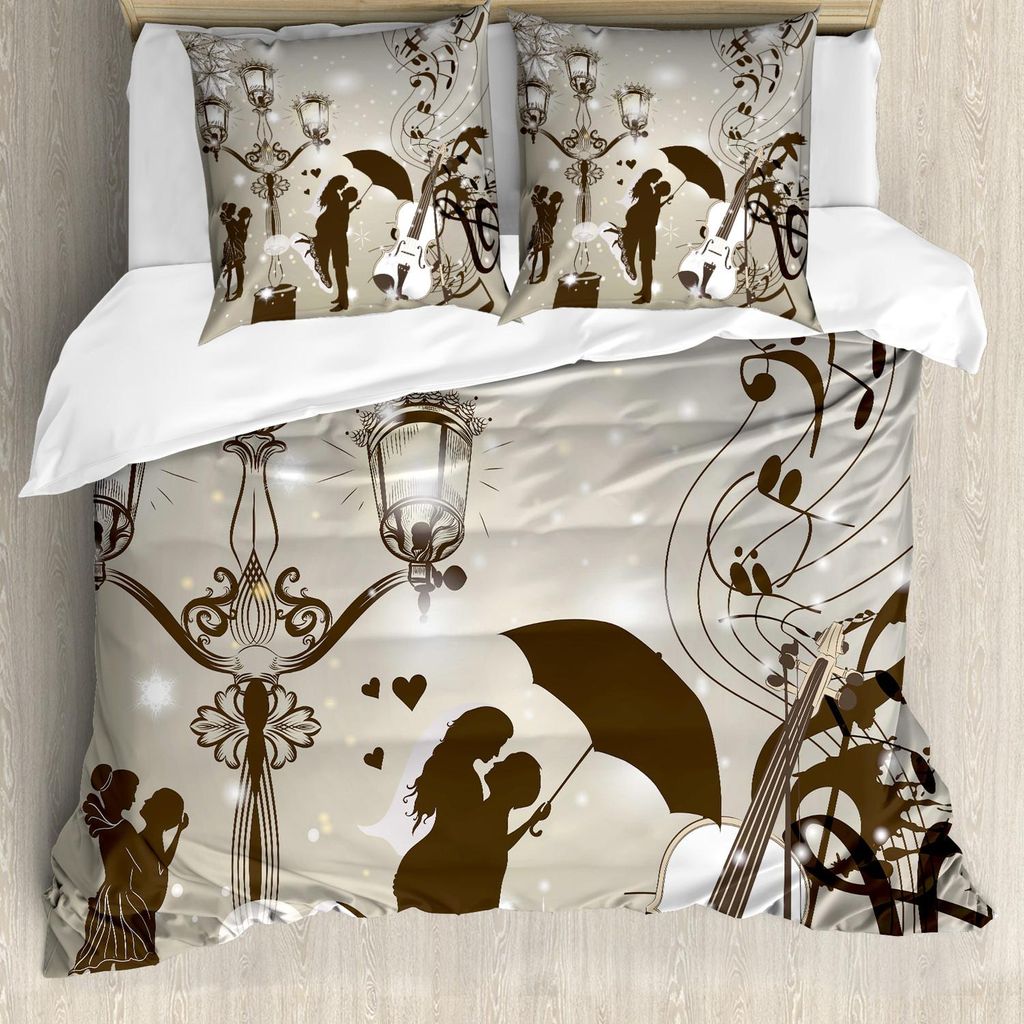 ABAKUHAUS Romantisch Bettbezug Set, Küssende Paare auf Straße mit Laternen-Violinen-Musik merkt Liebes-Thema-Grafik, 200 x 200 cm + 80 x 80 cm, S...
