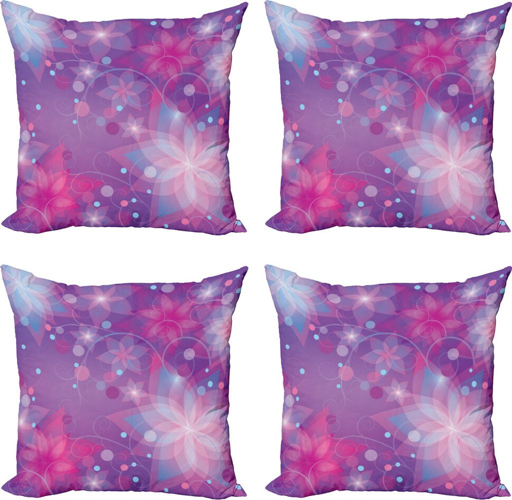 ABAKUHAUS Abstrakt Kissenbezug Set (4 Stück), Floral Dreamy Romantic, Moderner Doppelseitiger Digitaldruck, 40 cm x 40 cm, Violett Rosa Hellblau
