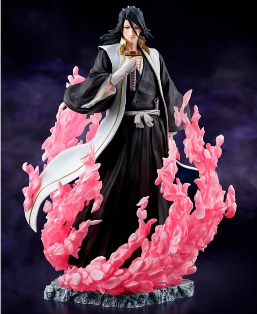 A statue of Byakuya Kuchiki from Bleach, surrounded by pink energy effects.