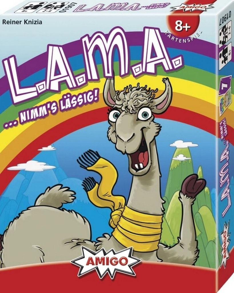 The image shows the front of a board game box with a cartoon llama and a rainbow.