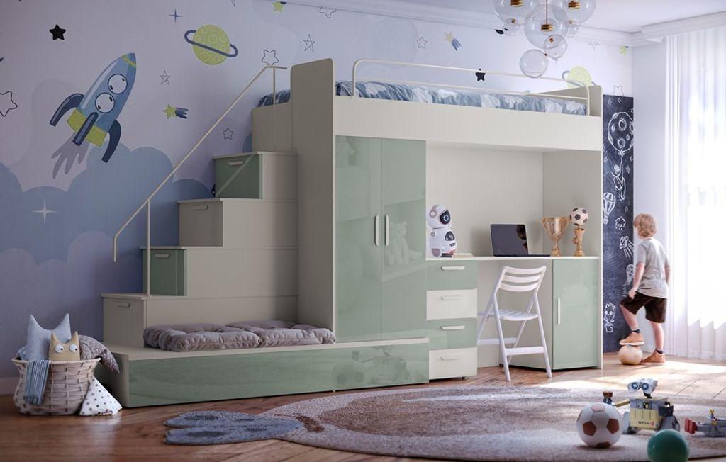 Etagenbett FELIX 5, Hochglanz Kinderbett, Hochbett, OHNE Matratze und Lattenrost (Kaschmir + Minze, Glanz)