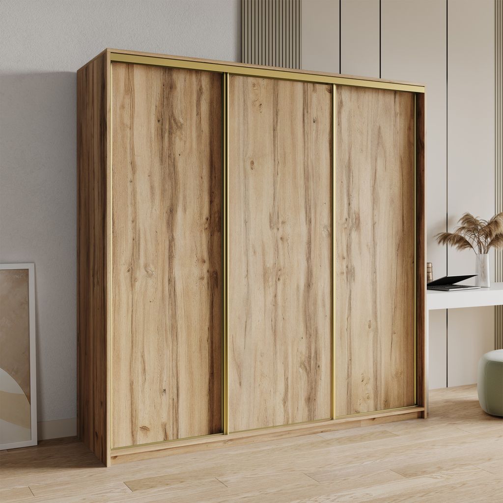 Masseno Schiebetürenschrank NISSE 200/205/60 cm Kleiderschrank mit Schubladen Schlafzimmer Schrank 3-türig Eiche Wotan + Satin