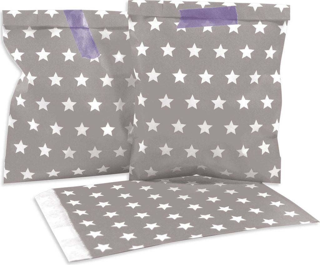 100 PAPIERTÜTEN TAUPE/ HELLGRAU, STERNE 13 x 16,5 cm, 45 Gramm Papier, flach / Candy Bar, Hochzeit, Kindergeburtstag, Papiertütchen, Candybag