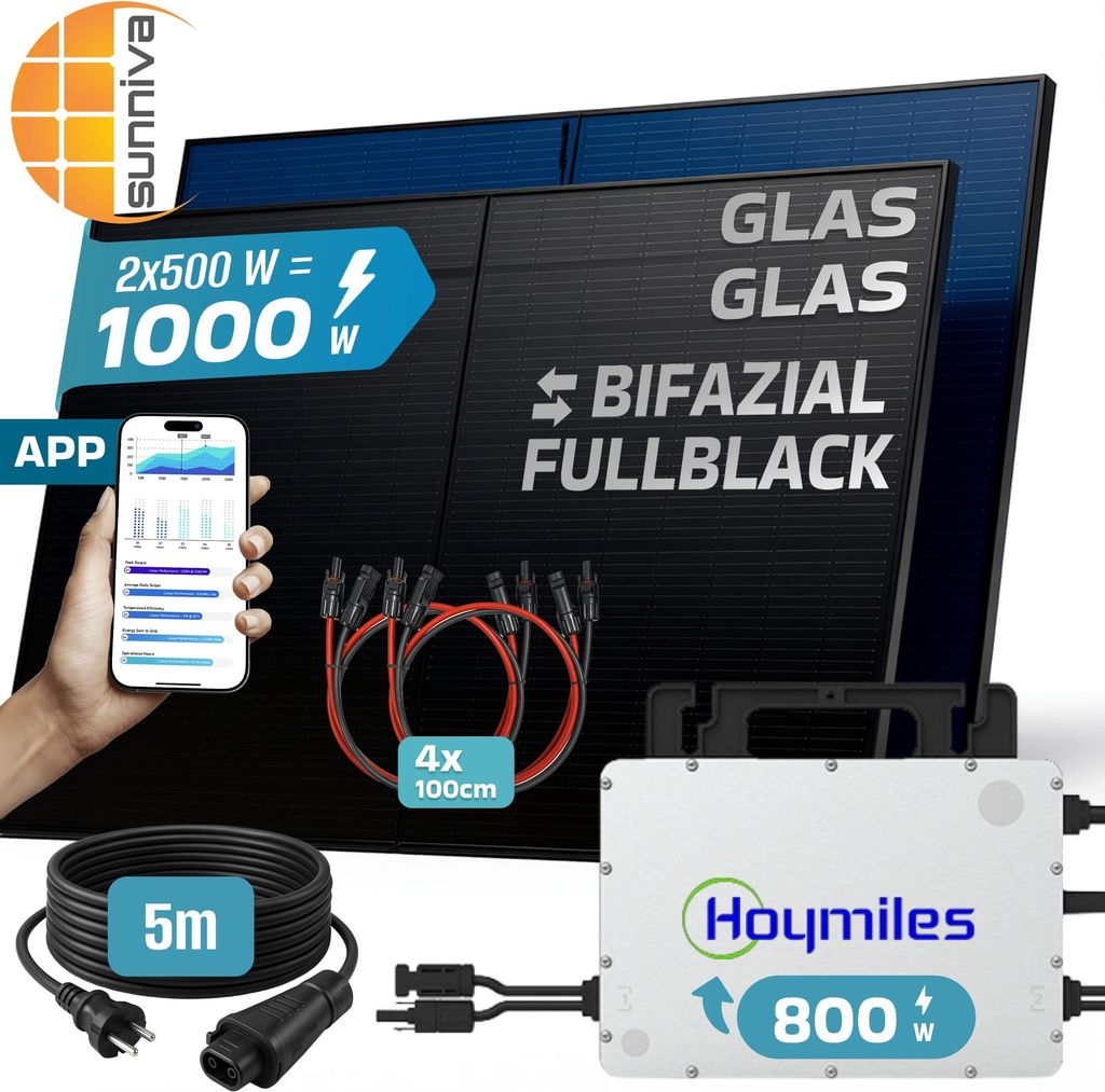 SUNNIVA 1000W Balkonkraftwerk BIFAZIAL FULLBLACK komplett Steckdose HOYMILES 800W Wechselrichter, PV Solaranlage, 5m Kabel, Bluetooth WIFI