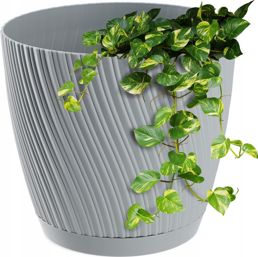 KADAX Blumentopf mit Untersetzer "Tubas", Blumenkübel, Pflanztopf aus Kunststoff, Übertopf, rund, 17 cm, Grau