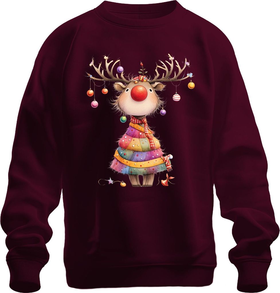 Rentier rote Nase Geweih Weihnachtskugeln Patchwork Weihnachten Uni Sweatshirt Pullover, Burgundy, M