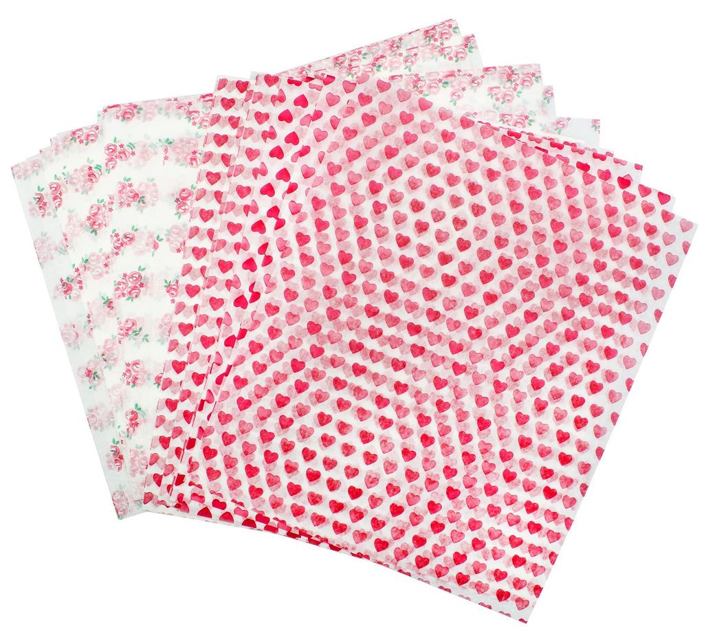 100 Stück lebensmittelechtes Backpapier, kariertes Futter für Feinkostkörbe, Lebensmittelverpackung mit Rosen- und rotem Herzmuster, Hamburger-W...