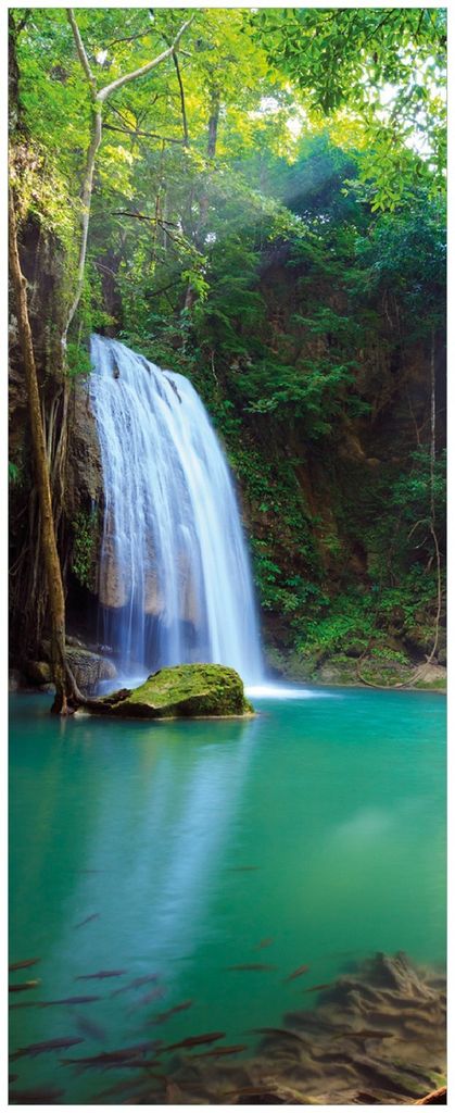 Wallario Memoboard Magnettafel aus Glas, Größe 32 x 80 cm, Motiv Wasserfall im Wald am See Idylle in Thailand