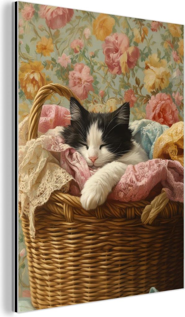 MuchoWow Wanddekoration Metall Metallbild Wandkunst 60x80 cm Katze - Blumendruck - Weidenkorb MuchoWow Aluminium Gemälde - Wanddekoration Metall
