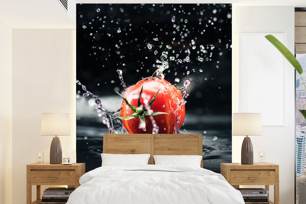 MuchoWow Fototapete für Wohnzimmer oder Schlafzimmer Wandtapete Vinyl Motivtapete Tomate - Gemüse - Stilleben - Wasser - Rot - 175x240 cm - Sch...