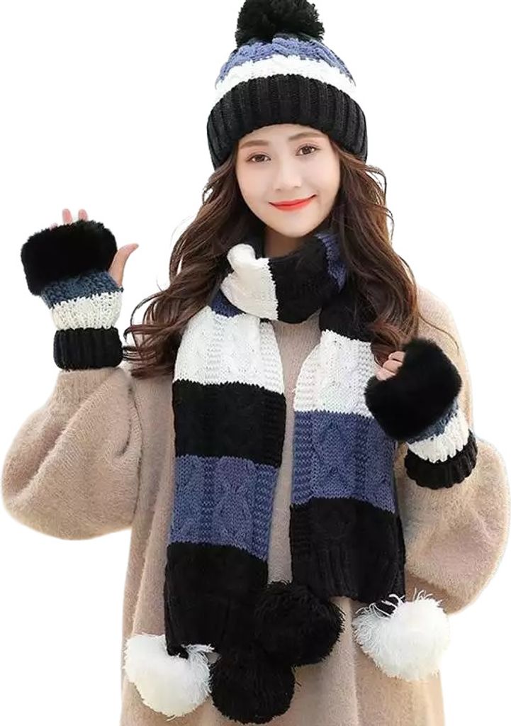Stylisches Winter-Strickset in Schwarz – Mütze, Schal & Handschuhe KP21598