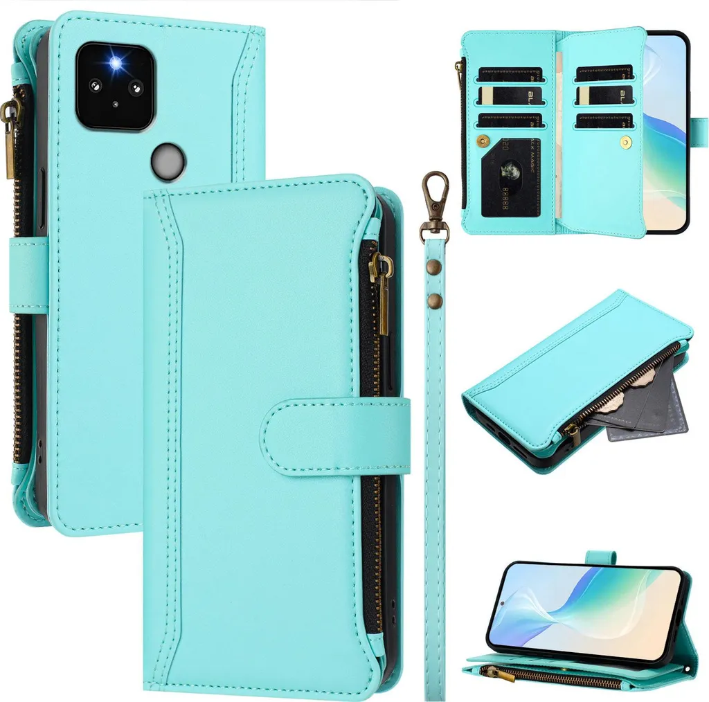 Custodia Portafoglio Google Pixel 5 in Verde Menta con Cerniera e Tasche