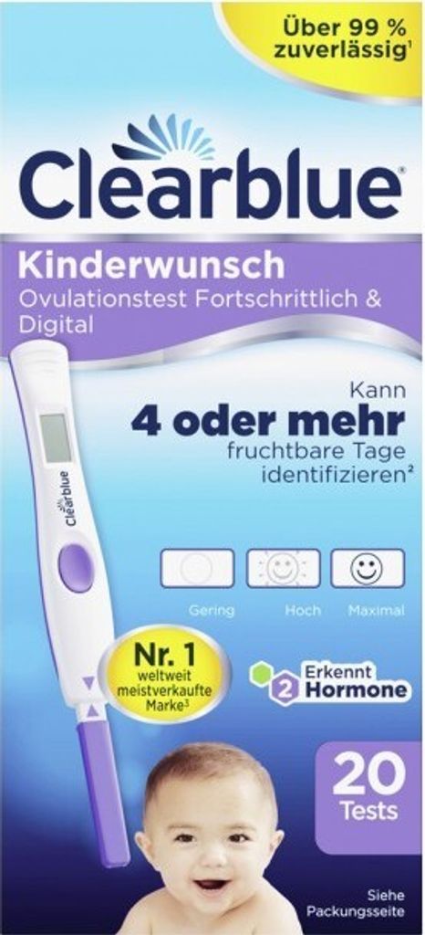 A box of Clearblue ovulation tests with a digital ovulation test stick and a baby's face on it.