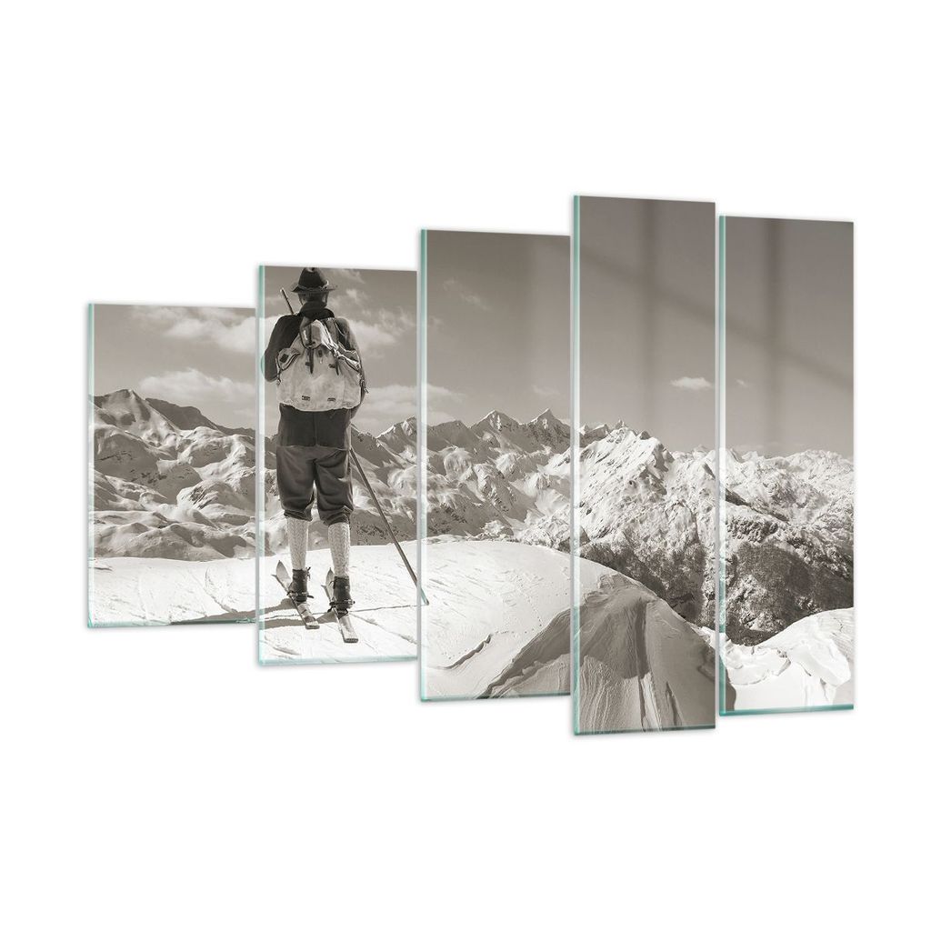 Bilder auf glas - 5 Teile - Skifahrer Bayern Sepia - 150x100cm - Glasbilder - Wandbilder - Bilder - zum Aufhängen bereit - Wanddekoration aus Glas...