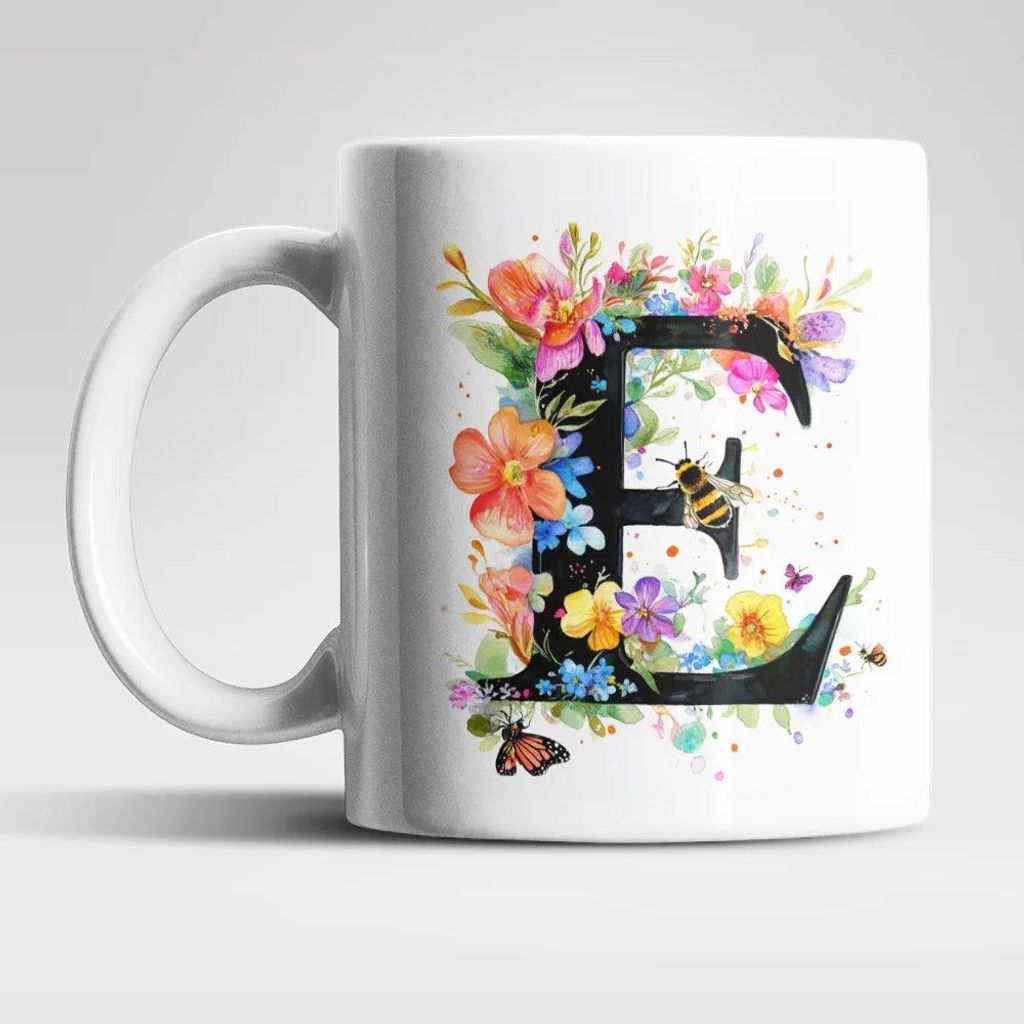 Name A bis Z und 0 bis 9 Blumen Bienen Kaffeetasse Teetasse Tasse Geschenkidee – E