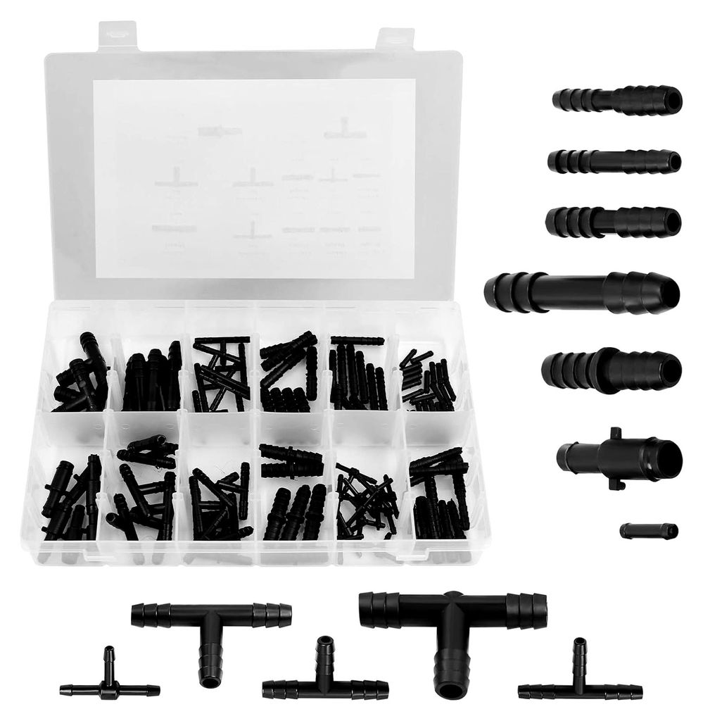 113 Stück T-Verbinder Schlauchverbinder Set, Schwarz Universal T-Stück Gerade Reduzierstück Schlauchverschraubungen für Gartenbewässerung und KFZ
