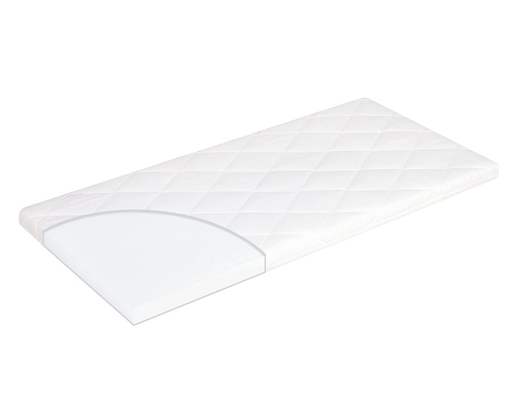 A white quilted mattress is shown on a white background.