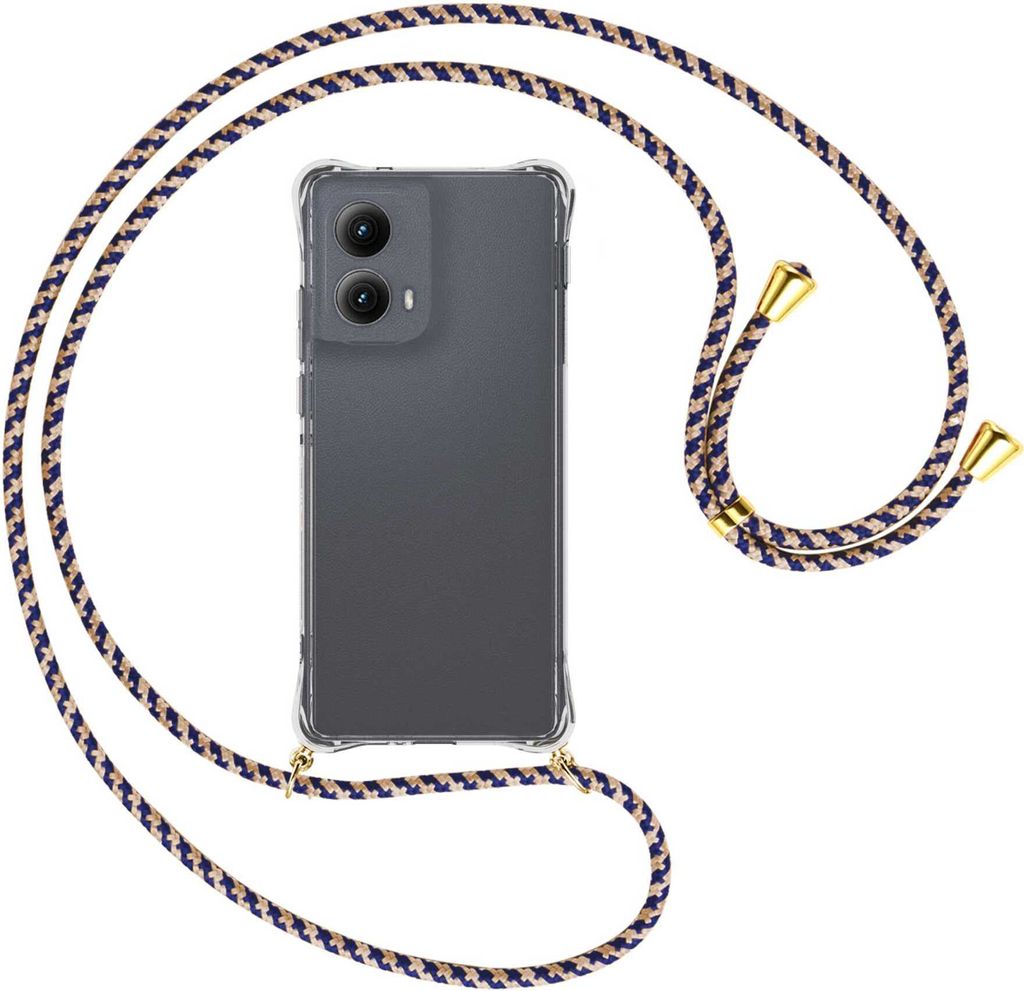 Handykette Backcover-Schutzhülle mit Band (Metall goldfarben) für Motorola Moto Edge 5G (2024) - blau+beige
