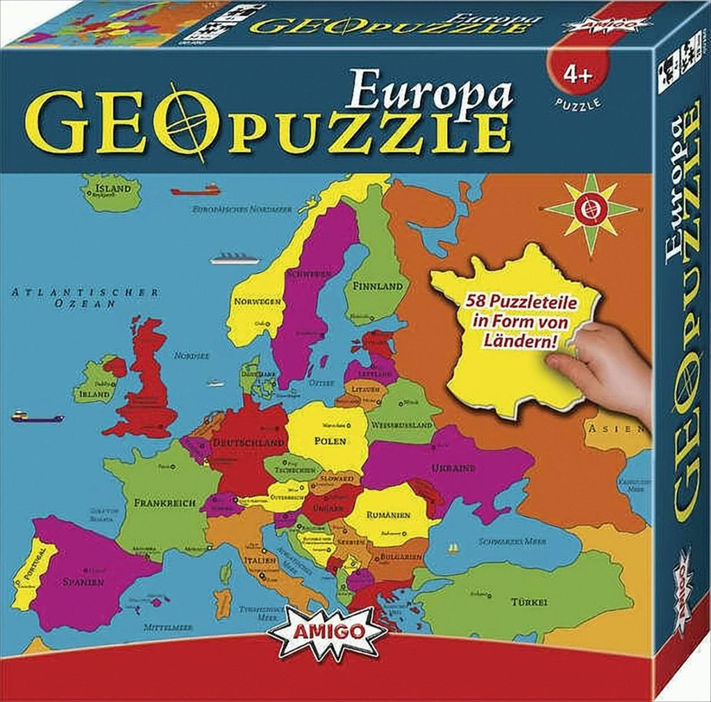 The image shows the box of a GeoPuzzle of Europe. The box features a colorful map of Europe with country borders and names. A child's hand is shown placing a puzzle piece shaped like France onto the map.