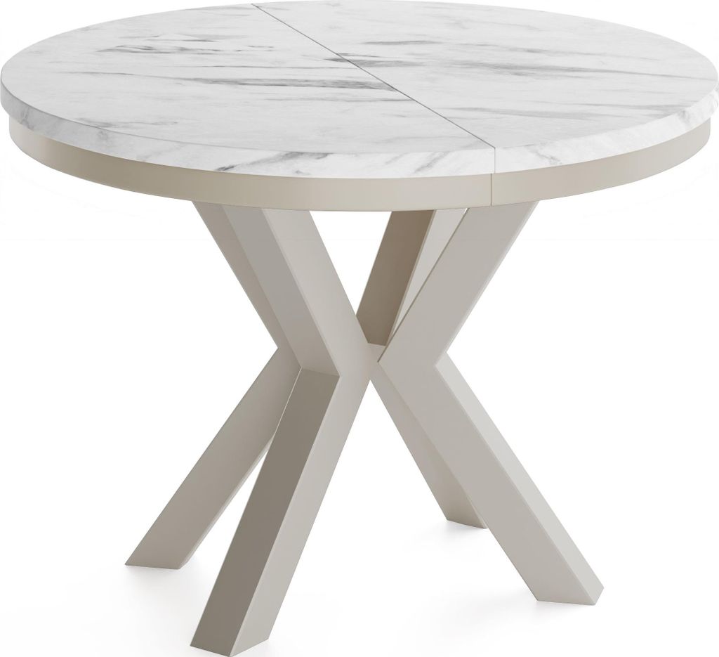Runder Ausziehbarer Esstisch im Loft-Stil - Industrieller Tisch in Weißer Marmoroptik mit Grau-Beige Kaschmir Metallbeinen - Platzsparender Tisch ...