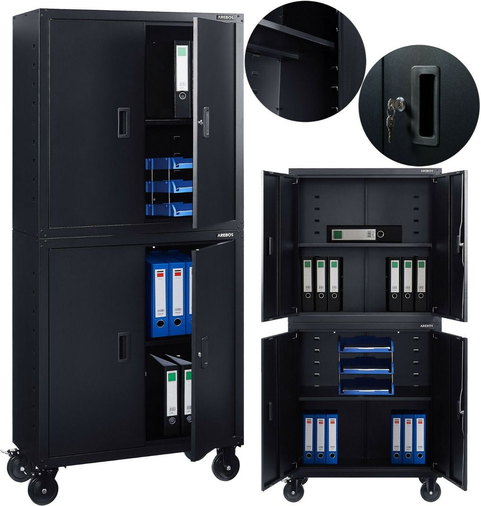 A collage of images showing a black metal storage cabinet with multiple doors and shelves, some of which are open to reveal organized contents like binders and trays. Close-up views of the cabinet's lock and interior are also included.