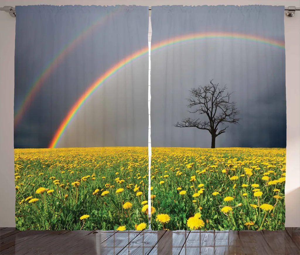 ABAKUHAUS Tenda rustica arcobaleno, campo di denti di leone e albero, tende universali per soggiorno con passanti e ganci, 280 x 175 cm, multicolore
