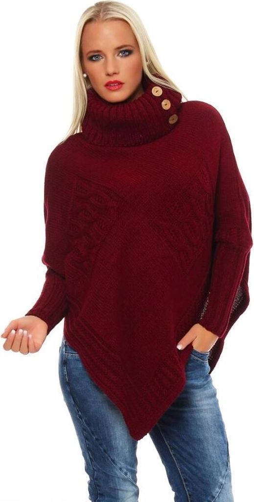 30-01 Mississhop Damen Poncho Strick Pullover weiche Strickjacke Cape Umhang Überwurf One Size Bordeaux