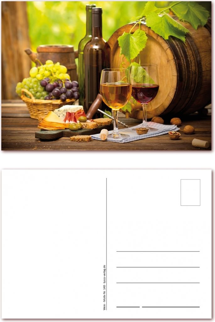 12 Stück Postkarten Wein mit Weintrauben Weinfaß Käse Oliven und rustikaler Tisch, Ansichtskarte im DIN A6 Format ( PKT-148 )