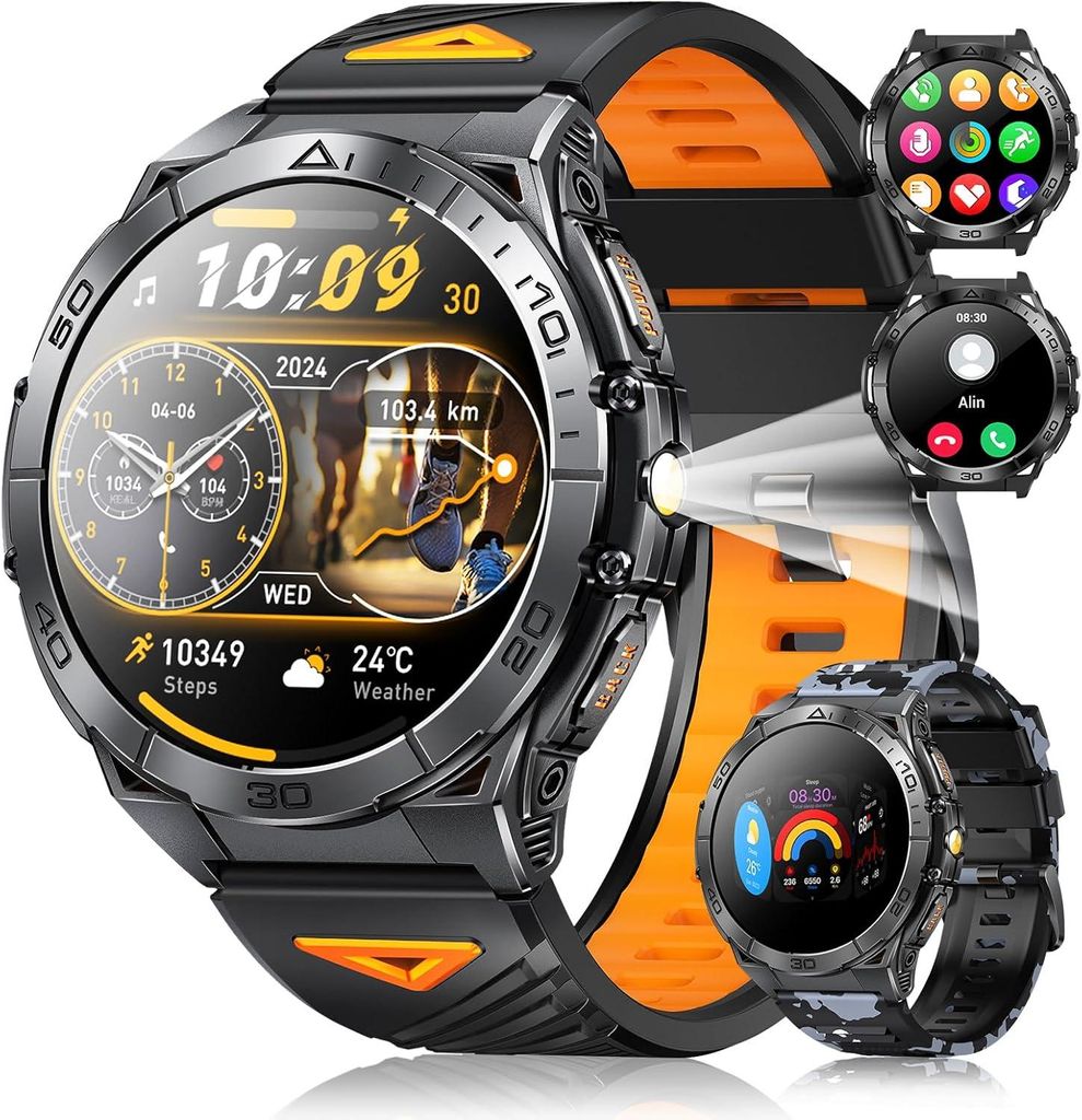 LEMFO Military Smartwatch Herren mit 1.6 Inch AMOLED Display, 680 mAh Akku, LED Taschenlampe, 120 Sportmodi, IP68, 2 Armbänder
